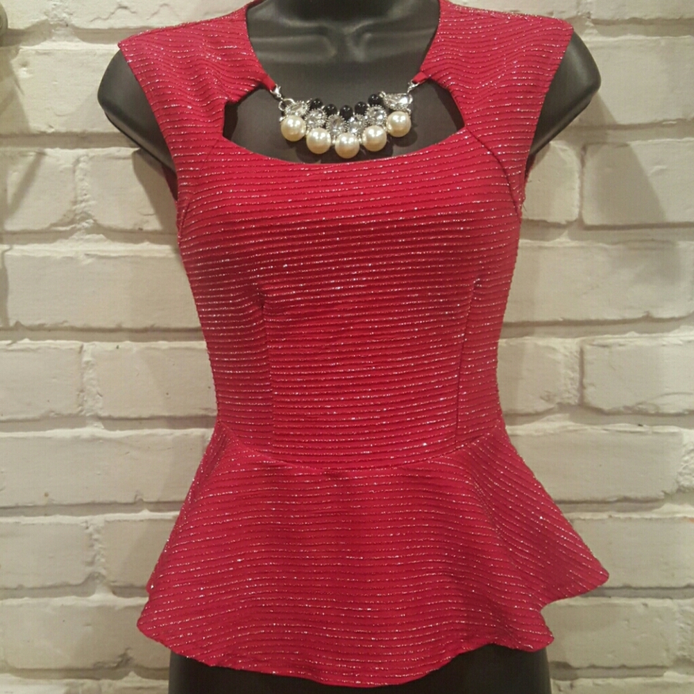 Red shimmery peplum top
